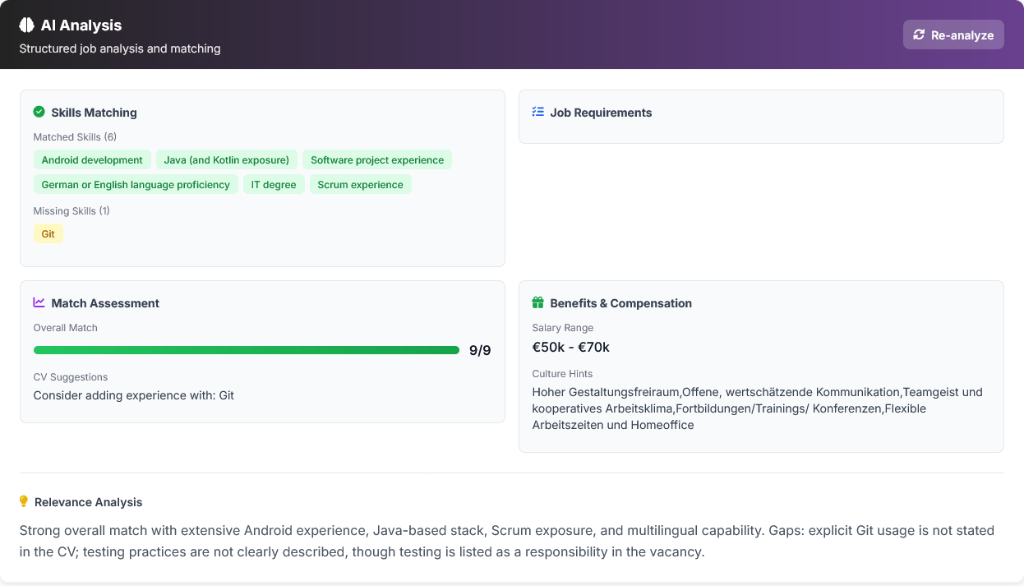AI Analysis showing skills matching, requirements, and match assessment